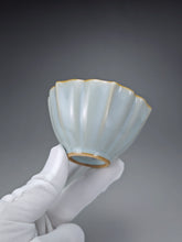 Load image into Gallery viewer, Pair of Matching 100ml Flower Azure Ruyao Teacups 天青汝窑荷叶边对杯