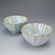 Load image into Gallery viewer, Pair of Matching 100ml Flower Azure Ruyao Teacups 天青汝窑荷叶边对杯