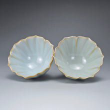 Load image into Gallery viewer, Pair of Matching 100ml Flower Azure Ruyao Teacups 天青汝窑荷叶边对杯