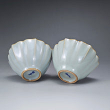 Load image into Gallery viewer, Pair of Matching 100ml Flower Azure Ruyao Teacups 天青汝窑荷叶边对杯