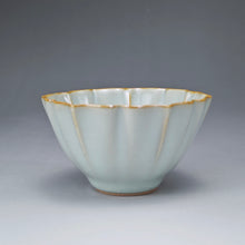 Load image into Gallery viewer, Pair of Matching 100ml Flower Azure Ruyao Teacups 天青汝窑荷叶边对杯