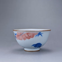 Load image into Gallery viewer, 110ml Qinghua and Youlihong Bird Moon White Ruyao Yashou Teacup 青花釉里红花鸟月白汝窑压手杯