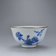 Load image into Gallery viewer, 110ml Qinghua Bird and Chrysanthemum Moon White Ruyao Yashou Teacup 青花花鸟月白汝窑压手杯
