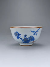 Load image into Gallery viewer, 110ml Qinghua Bird and Chrysanthemum Moon White Ruyao Yashou Teacup 青花花鸟月白汝窑压手杯