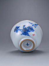 Load image into Gallery viewer, 110ml Qinghua Bird and Chrysanthemum Moon White Ruyao Yashou Teacup 青花花鸟月白汝窑压手杯
