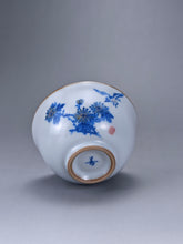 Load image into Gallery viewer, 110ml Qinghua Bird and Chrysanthemum Moon White Ruyao Yashou Teacup 青花花鸟月白汝窑压手杯