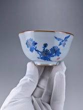 Load image into Gallery viewer, 110ml Qinghua Bird and Chrysanthemum Moon White Ruyao Yashou Teacup 青花花鸟月白汝窑压手杯