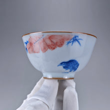 Load image into Gallery viewer, 110ml Qinghua and Youlihong Bird Moon White Ruyao Yashou Teacup 青花釉里红花鸟月白汝窑压手杯