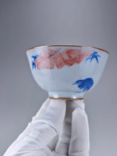 Load image into Gallery viewer, 110ml Qinghua and Youlihong Bird Moon White Ruyao Yashou Teacup 青花釉里红花鸟月白汝窑压手杯