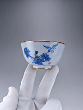 Load image into Gallery viewer, 110ml Qinghua Bird and Chrysanthemum Moon White Ruyao Yashou Teacup 青花花鸟月白汝窑压手杯