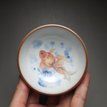 Load image into Gallery viewer, 110ml Hand Painted Goldfish Moon White Ruyao Teacup 汝窑月白金鱼杯