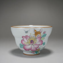 Load image into Gallery viewer, Fencai Hand Painted Flower and Deer Moon White Ruyao Teacup 粉彩花鹿杯 115ml