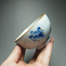 Load image into Gallery viewer, 115ml Qinghua Two Ducks Moon White Ruyao Teacup 青花汝窑芦苇双鸭杯