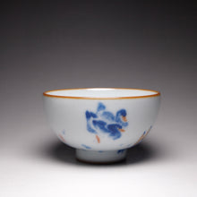 Load image into Gallery viewer, 115ml Qinghua Two Ducks Moon White Ruyao Teacup 青花汝窑芦苇双鸭杯