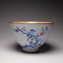 Load image into Gallery viewer, 130ml Qinghua Bird on Plum Blossom Tree Moon White Ruyao Chicken Heart Teacup 汝窑月白喜上眉梢鸡心杯