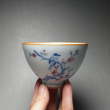 Load image into Gallery viewer, 130ml Qinghua Bird on Plum Blossom Tree Moon White Ruyao Chicken Heart Teacup 汝窑月白喜上眉梢鸡心杯