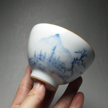 Load image into Gallery viewer, 130ml Qinghua Landscape Moon White Ruyao Chicken Heart Teacup 汝窑月白山水鸡心杯