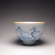 Load image into Gallery viewer, 130ml Qinghua Landscape Moon White Ruyao Chicken Heart Teacup 汝窑月白山水鸡心杯
