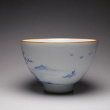 Load image into Gallery viewer, 130ml Qinghua Landscape Moon White Ruyao Chicken Heart Teacup 汝窑月白山水鸡心杯
