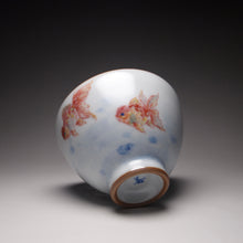 Load image into Gallery viewer, 135ml Hand Painted Double Goldfish Moon White Ruyao Chicken Heart Teacup 汝窑月白双鱼杯