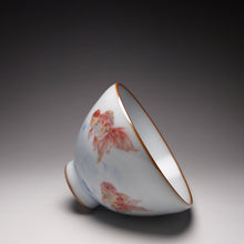 Load image into Gallery viewer, 135ml Hand Painted Double Goldfish Moon White Ruyao Chicken Heart Teacup 汝窑月白双鱼杯
