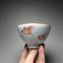 Load image into Gallery viewer, 135ml Hand Painted Double Goldfish Moon White Ruyao Chicken Heart Teacup 汝窑月白双鱼杯