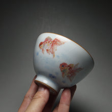 Load image into Gallery viewer, 135ml Hand Painted Double Goldfish Moon White Ruyao Chicken Heart Teacup 汝窑月白双鱼杯