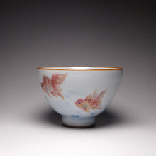 Load image into Gallery viewer, 135ml Hand Painted Double Goldfish Moon White Ruyao Chicken Heart Teacup 汝窑月白双鱼杯