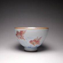 Load image into Gallery viewer, 135ml Hand Painted Double Goldfish Moon White Ruyao Chicken Heart Teacup 汝窑月白双鱼杯