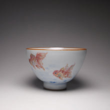 Load image into Gallery viewer, 135ml Hand Painted Double Goldfish Moon White Ruyao Chicken Heart Teacup 汝窑月白双鱼杯