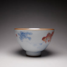 Load image into Gallery viewer, 135ml Hand Painted Double Goldfish Moon White Ruyao Chicken Heart Teacup 汝窑月白双鱼杯