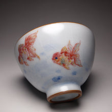 Load image into Gallery viewer, 135ml Hand Painted Double Goldfish Moon White Ruyao Chicken Heart Teacup 汝窑月白双鱼杯