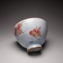 Load image into Gallery viewer, 135ml Hand Painted Double Goldfish Moon White Ruyao Chicken Heart Teacup 汝窑月白双鱼杯