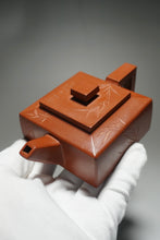 Load image into Gallery viewer, Fully Handmade Zhuni Dahongpao Fangshanyishi square teapot with carving by Wang Yujuan 全手工朱泥大红袍方山逸士带刻绘王玉娟制 180ml
