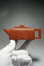 Load image into Gallery viewer, Fully Handmade Zhuni Dahongpao Fangshanyishi square teapot with carving by Wang Yujuan 全手工朱泥大红袍方山逸士带刻绘王玉娟制 180ml