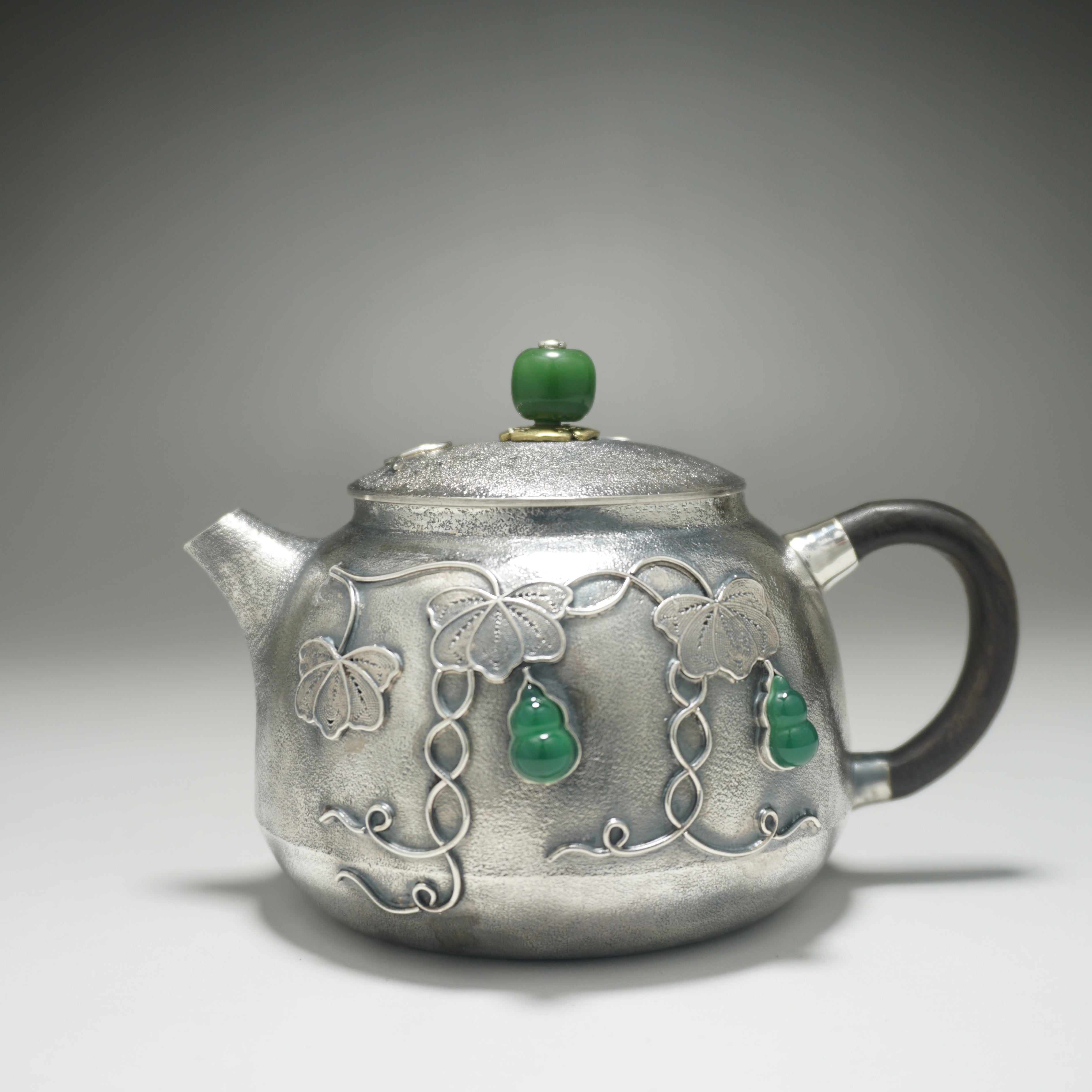 999 Pure Silver Handmade Jade Gourd Teapot with Silver Wire