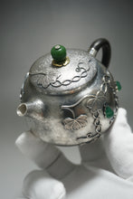 Load image into Gallery viewer, 999 Pure Silver Handmade Jade Gourd Teapot with Silver Wire Inlay 全手工掐丝镶玉葫芦藤银壶 230ml