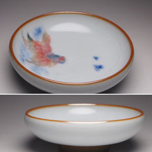 Load image into Gallery viewer, 60ml Hand Painted Goldfish Moon White Ruyao Flat Teacup 汝窑月白金鱼扁杯