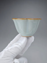 Load image into Gallery viewer, Pair of Matching 50ml Six Lobe Ruyao Teacups 天青汝窑六瓣花对杯