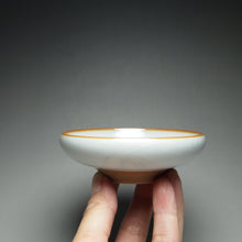 Load image into Gallery viewer, 60ml Hand Painted Goldfish Moon White Ruyao Flat Teacup 汝窑月白金鱼扁杯