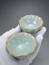 Load image into Gallery viewer, Pair of Matching 65ml Scalloped Azure Ruyao Teacups 天青汝窑十八瓣对杯