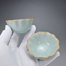 Load image into Gallery viewer, Pair of Matching 65ml Scalloped Azure Ruyao Teacups 天青汝窑十八瓣对杯