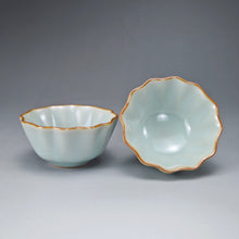 Load image into Gallery viewer, Pair of Matching 65ml Scalloped Azure Ruyao Teacups 天青汝窑十八瓣对杯