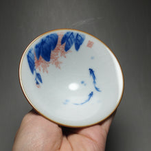 Load image into Gallery viewer, Qinghua Two Fish Moon White Ruyao Teacup 汝窑月白两鱼斗笠杯 70ml