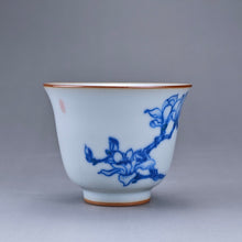 Load image into Gallery viewer, 75ml Qinghua Magnolia Moon White Ruyao Bell Teacup 汝窑青花手绘花卉