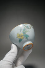 Load image into Gallery viewer, Fencai Hand Painted Birds on a Branch Moon White Ruyao Teacup 粉彩琵琶鸟杯 75ml