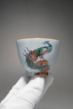 Load image into Gallery viewer, Fencai Hand Painted Peacock Moon White Ruyao Teacup No.2 粉彩孔雀杯 75ml
