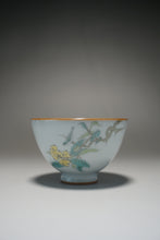 Load image into Gallery viewer, Fencai Hand Painted Birds on a Branch Moon White Ruyao Teacup 粉彩琵琶鸟杯 75ml