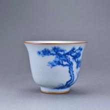 Load image into Gallery viewer, 80ml Qinghua Pine Tree Moon White Ruyao Bell Teacup 汝窑青花手绘松树