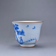 Load image into Gallery viewer, 80ml Qinghua Pine Tree Moon White Ruyao Bell Teacup 汝窑青花手绘松树